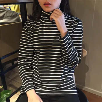 Tee Krekli Sieviete 2021. Gada Pavasarī Jaunu korejiešu Harajuku Svītrainām augstu uzrullētu apkakli T-krekls Sievietēm ar garām Piedurknēm T-krekli Ikdienas Topi